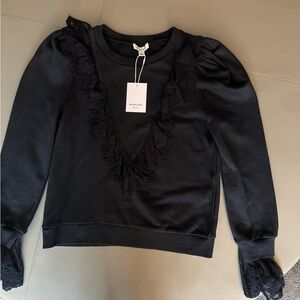 NWT Estella Black Sweatshirt with Lace Ruffle Front & Cuff w/Long Puff Sleeve.
